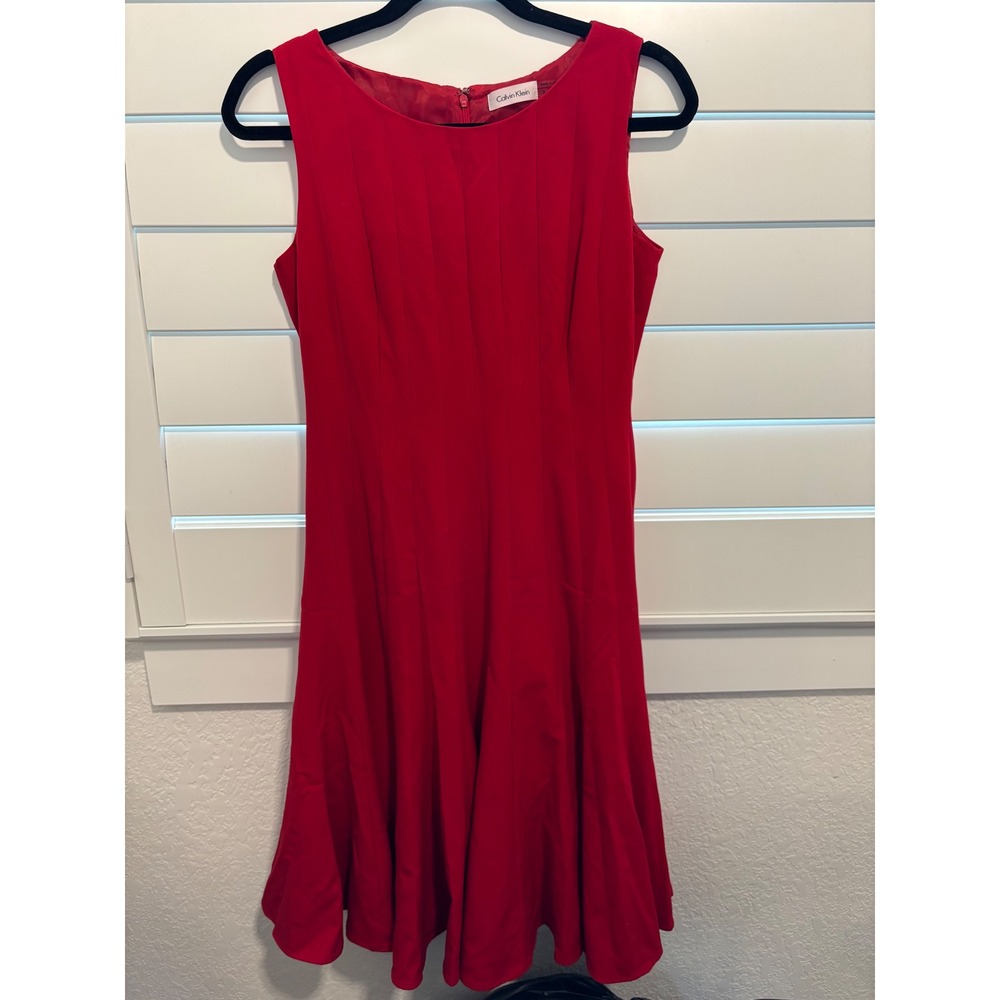Calvin Klein Red Sleeveless Fit and Flare Pintuck Ruffle Hem Dress Size 6